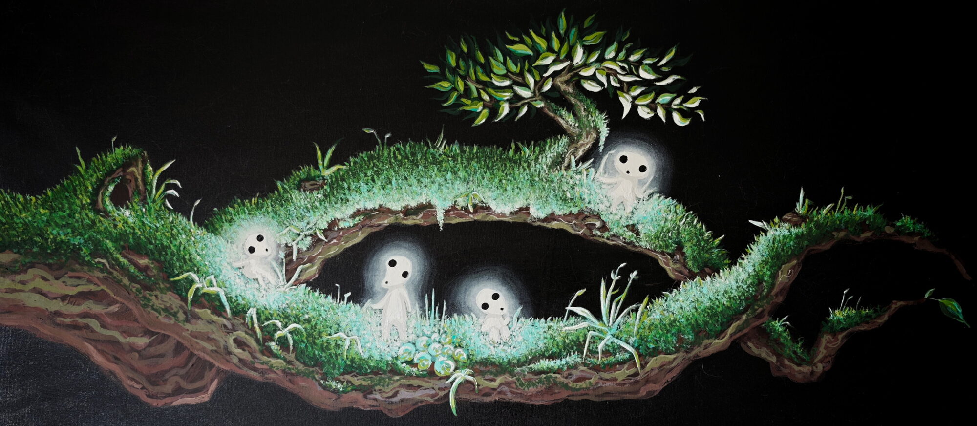 Pintura de kodamas asomándose desde una rama cubierta de musgo